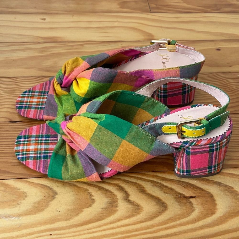 J. Crew Twisted Knot Penny Plaid Chunky Heeled Sandals Size 6 - Picture 4 of 9